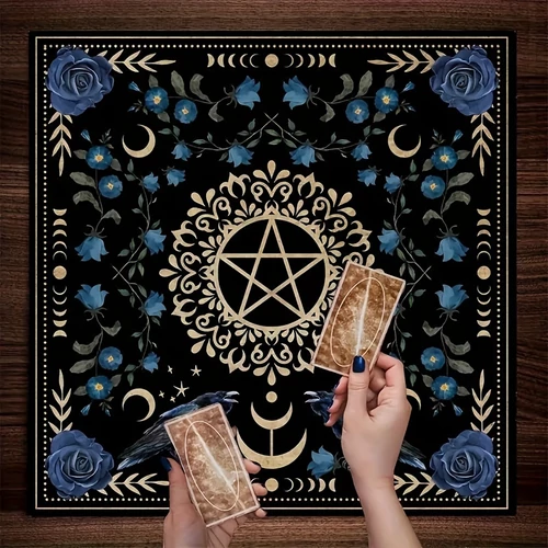 Tarot terítő - Kék virágos, Pentagrammal